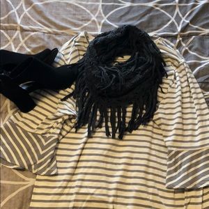 Gray and White Striped Bell Sleeve Blouse